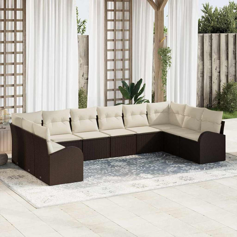 Tuinbankenset met kussen 10 pcs Bruin en wit poly rattan