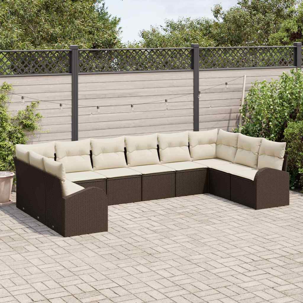Tuinbankenset met kussen 10 pcs Bruin en wit poly rattan