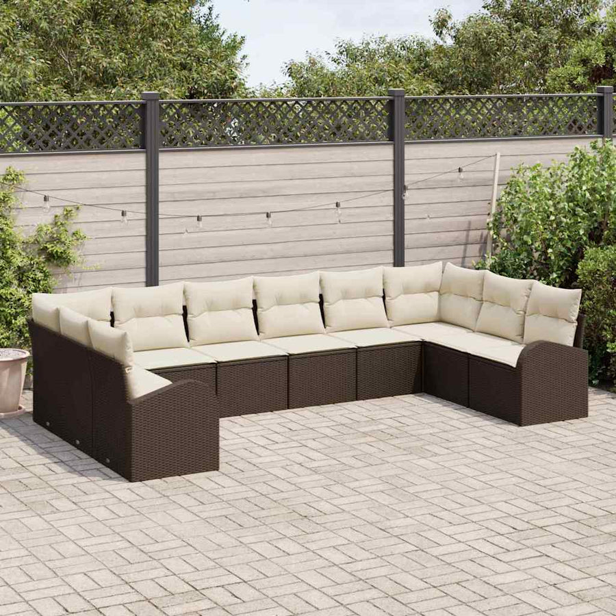 Tuinbankenset met kussen 10 pcs Bruin en wit poly rattan