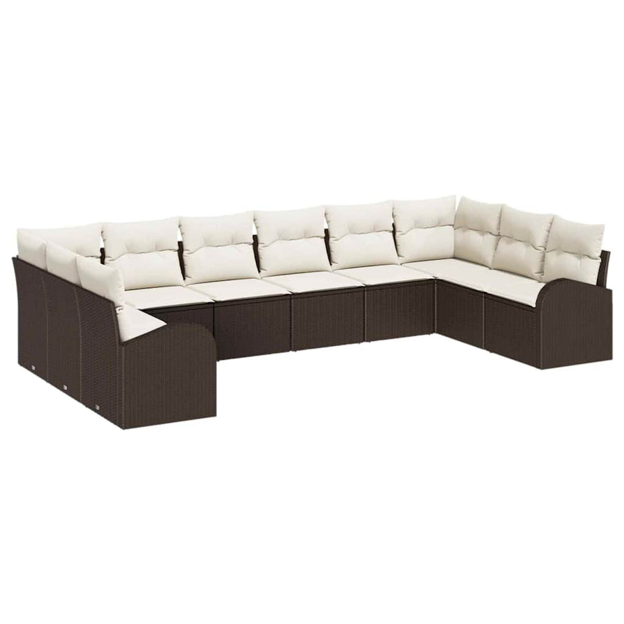 Tuinbankenset met kussen 10 pcs Bruin en wit poly rattan