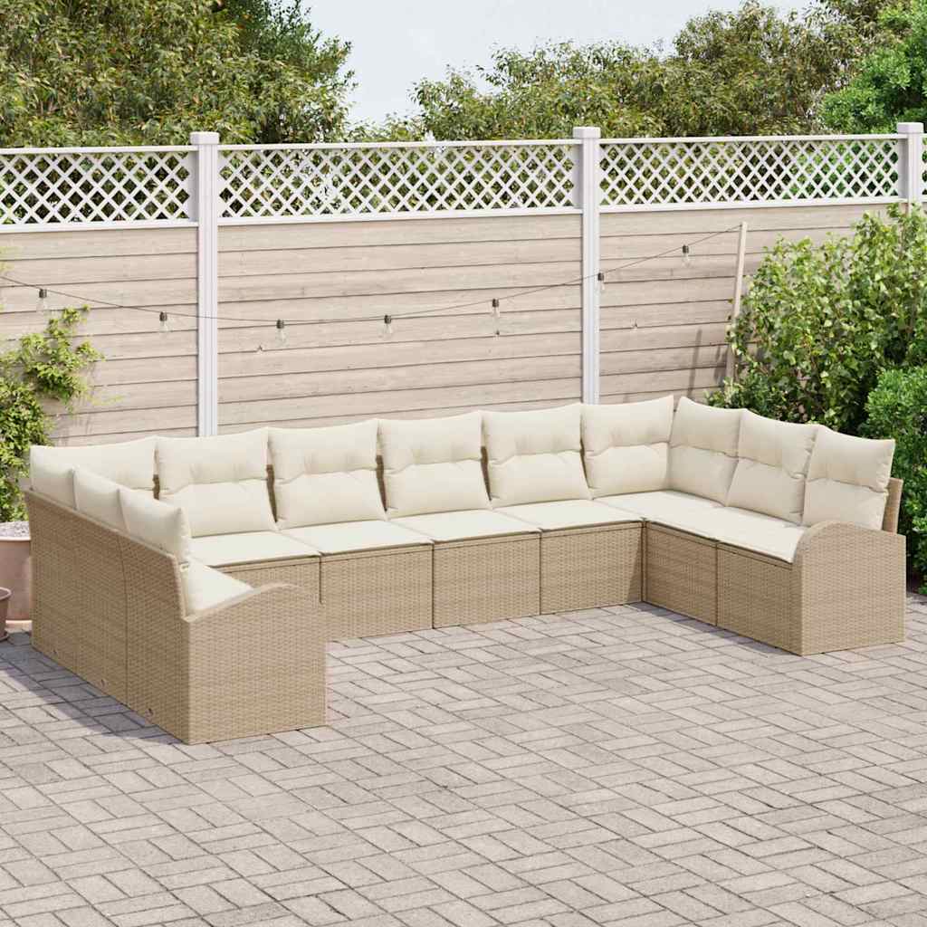 Tuinbankenset met kussen 10 pcs Beige en Wit poly rattan