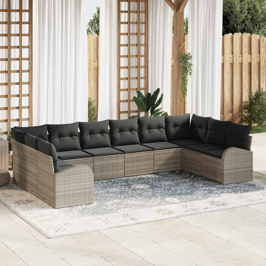 Tuinbankenset met kussen 10 pcs Lichtgrijs poly rattan