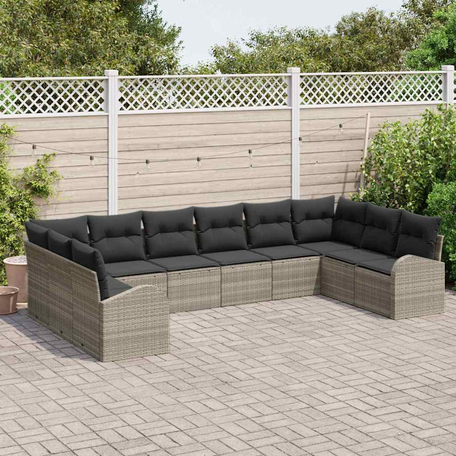 Tuinbankenset met kussen 10 pcs Lichtgrijs poly rattan