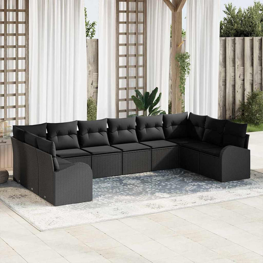 Tuinbankenset met kussen met opslag 10 pcs Zwart poly rattan
