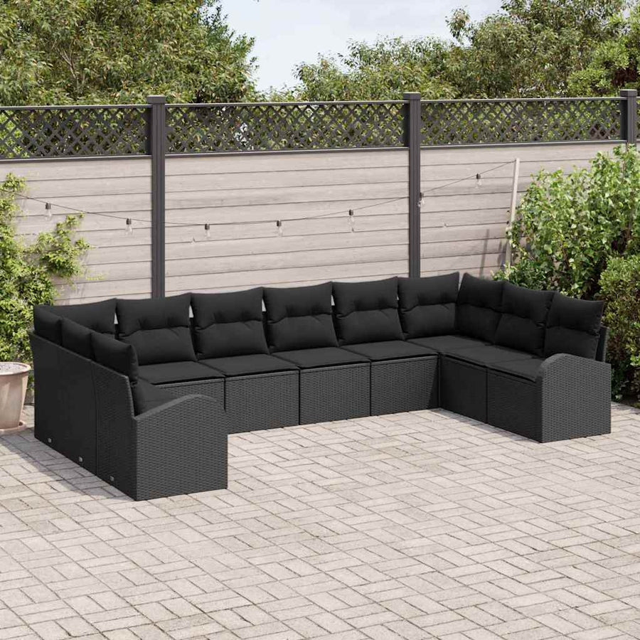 Tuinbankenset met kussen met opslag 10 pcs Zwart poly rattan