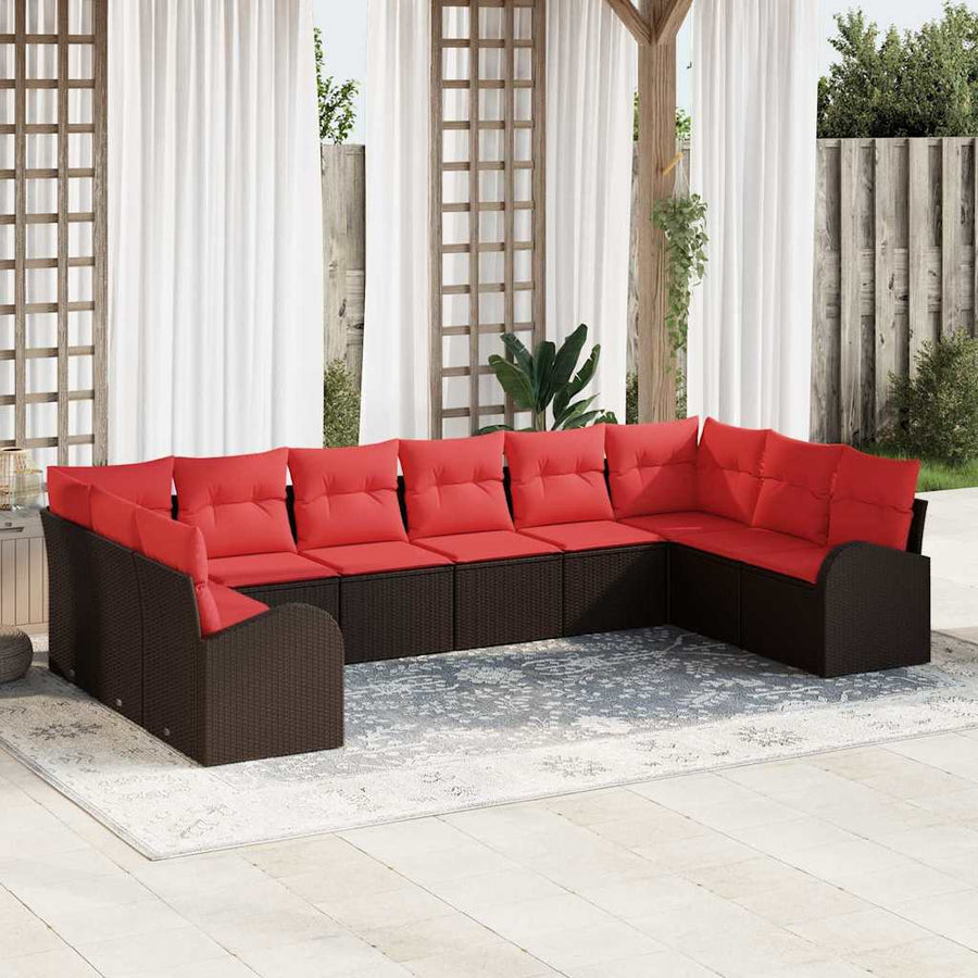 Tuinbankenset met kussen 10 pcs Bruin en Rood poly rattan