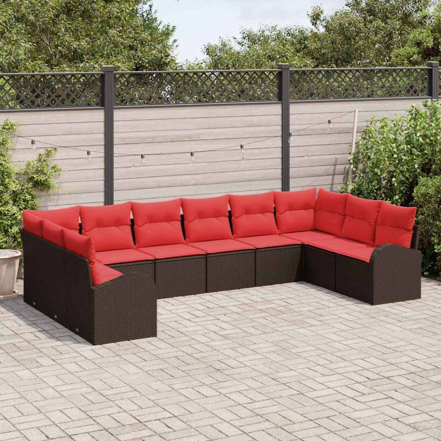 Tuinbankenset met kussen 10 pcs Bruin en Rood poly rattan