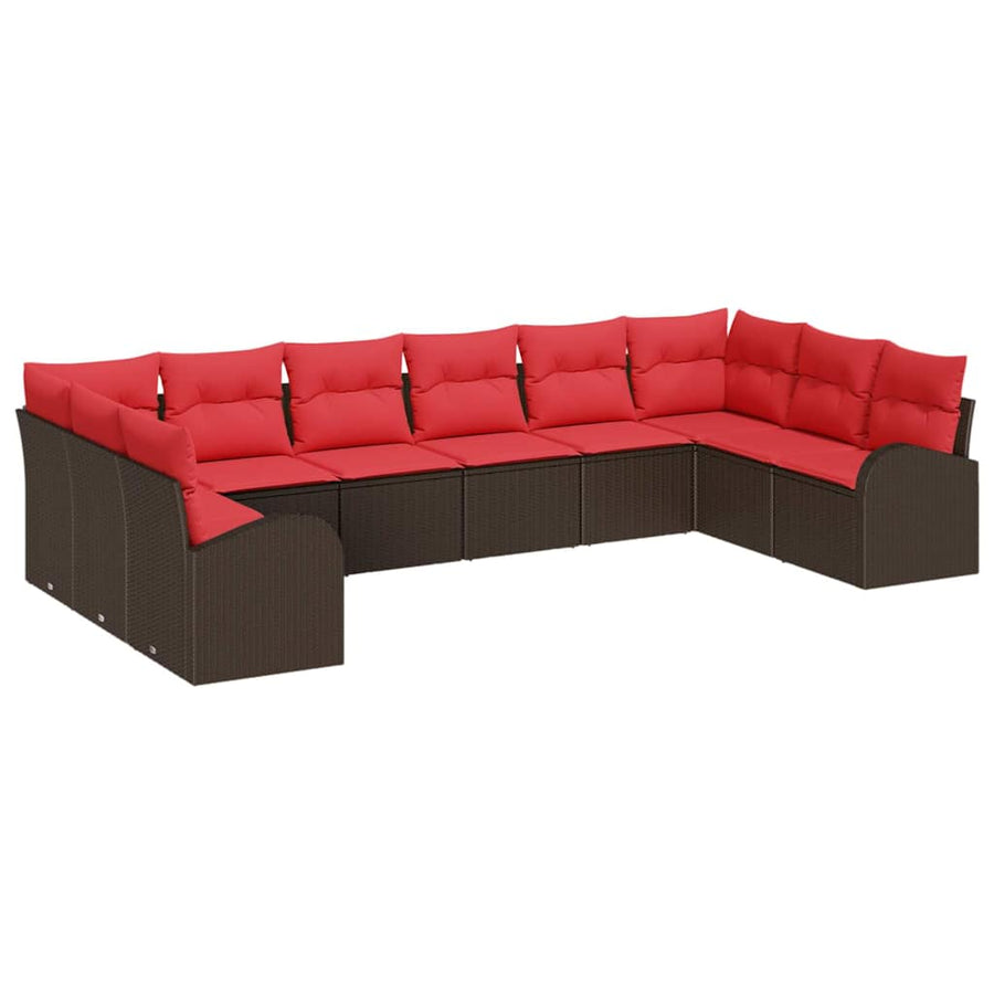 Tuinbankenset met kussen 10 pcs Bruin en Rood poly rattan