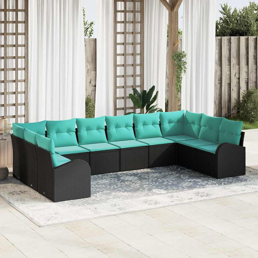Tuinbankenset Met Kussen 10 Pcs Poly Rattan Zwart en turquoise