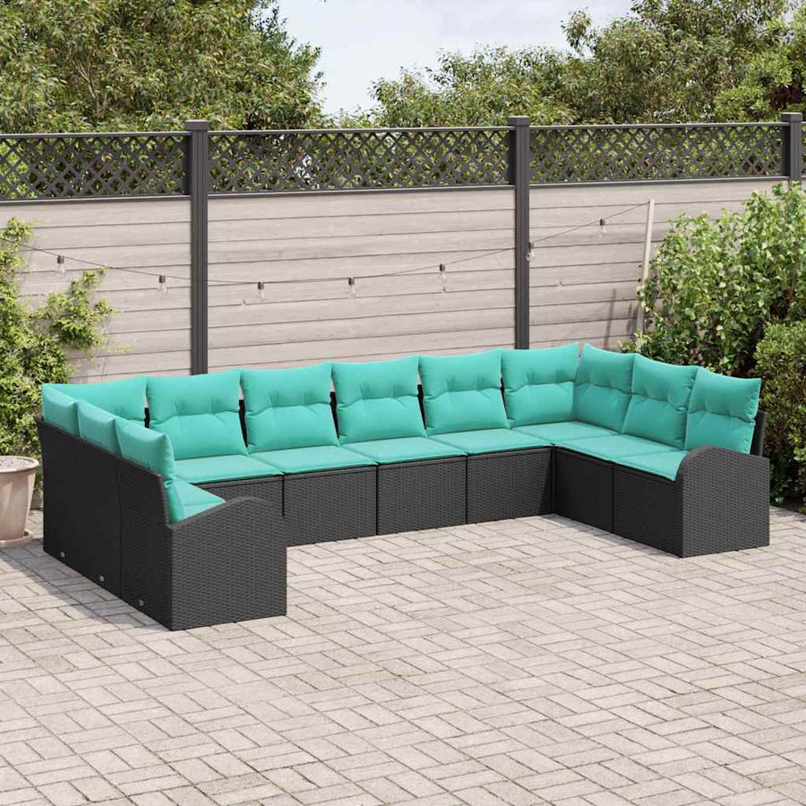 Tuinbankenset Met Kussen 10 Pcs Poly Rattan Zwart en turquoise