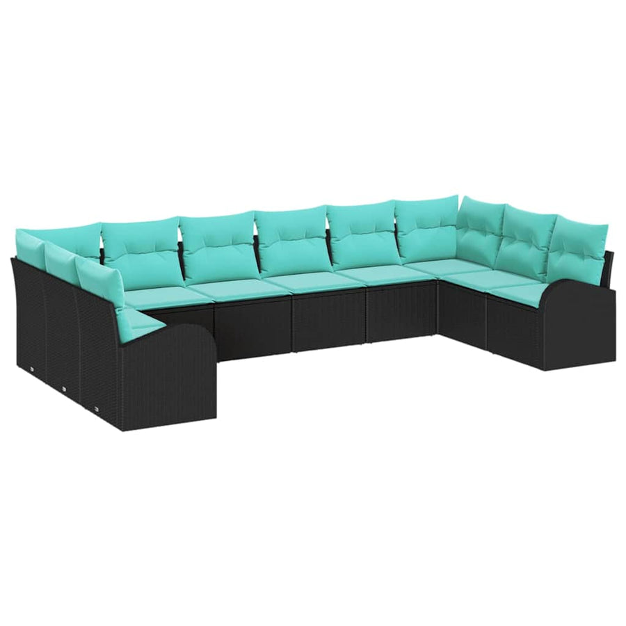 Tuinbankenset Met Kussen 10 Pcs Poly Rattan Zwart en turquoise