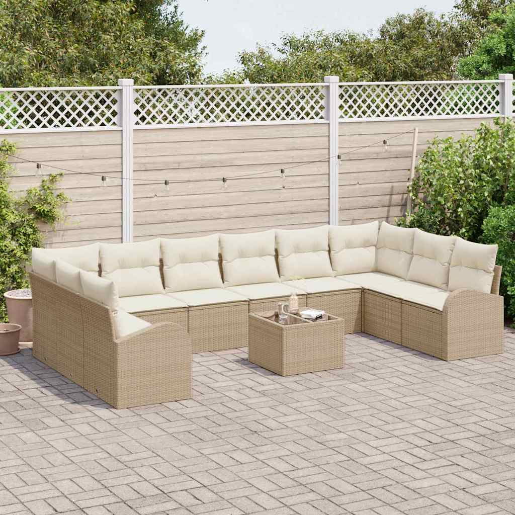 Bankstel met kussen 11 pcs Beige en Crème poly rattan