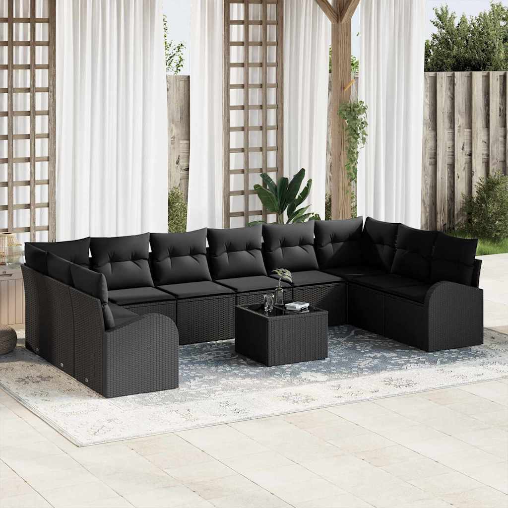 Tuinbankenset met kussen met opslag 11 pcs Zwart poly rattan