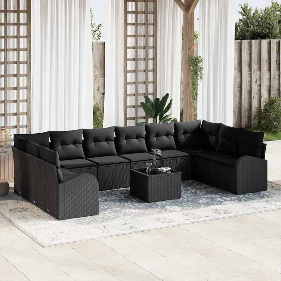 Tuinbankenset met kussen met opslag 11 pcs Zwart poly rattan