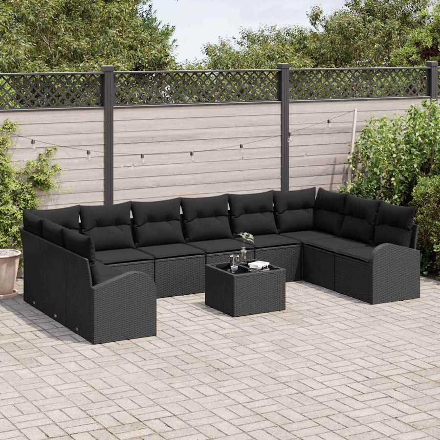 Tuinbankenset met kussen met opslag 11 pcs Zwart poly rattan