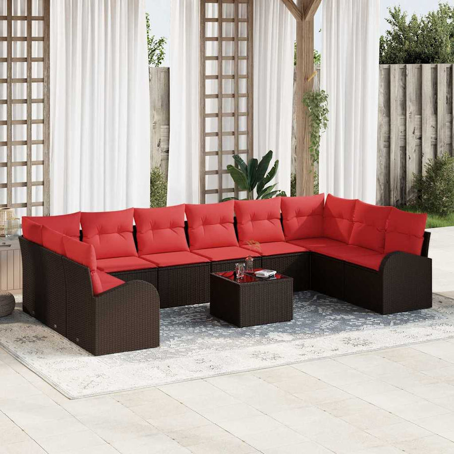 Tuinbankenset met kussen 11 pcs Bruin en Rood poly rattan