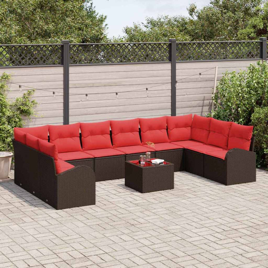 Tuinbankenset met kussen 11 pcs Bruin en Rood poly rattan