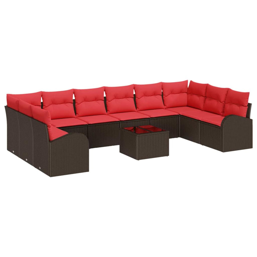 Tuinbankenset met kussen 11 pcs Bruin en Rood poly rattan