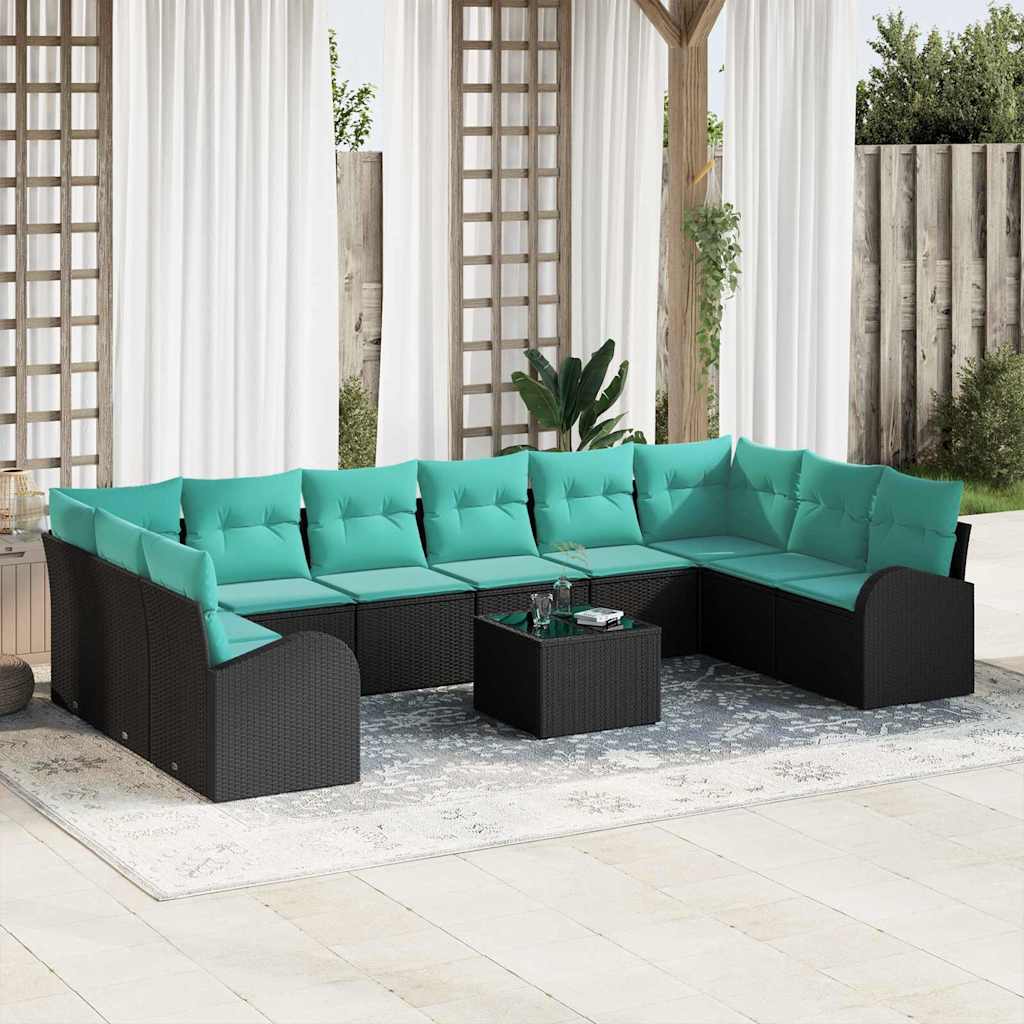 Tuinbankenset Met Kussen 11 Pcs Poly Rattan Zwart en turquoise