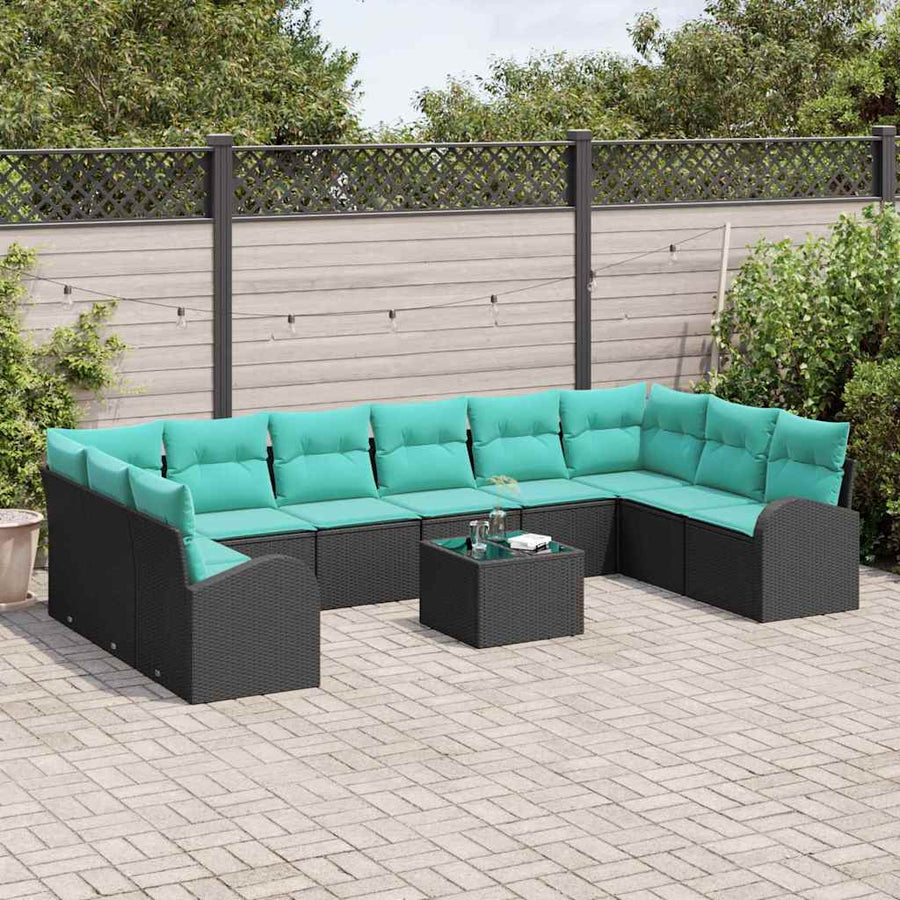 Tuinbankenset Met Kussen 11 Pcs Poly Rattan Zwart en turquoise