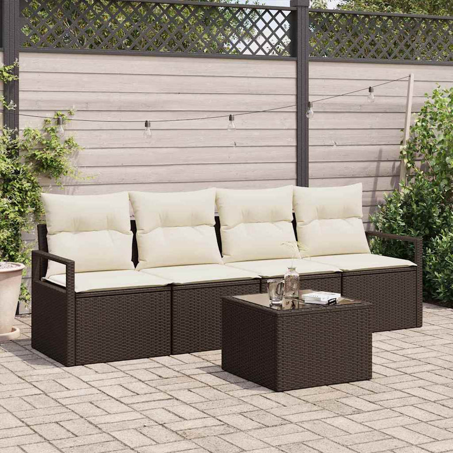 Bankstel met kussen met opslag 5 pcs Bruin en Crème poly rattan