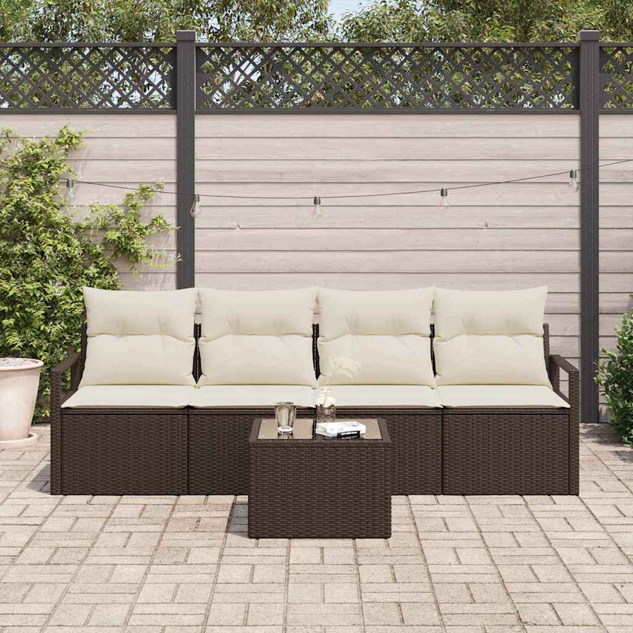 Bankstel met kussen met opslag 5 pcs Bruin en Crème poly rattan