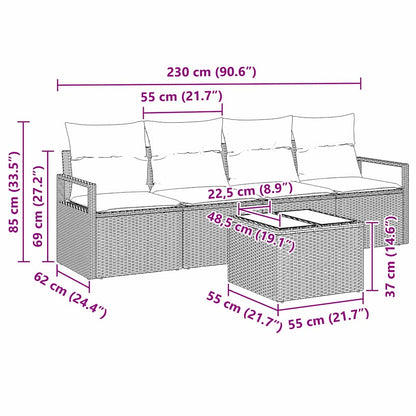 Bankstel met kussen met opslag 5 pcs Bruin en Crème poly rattan