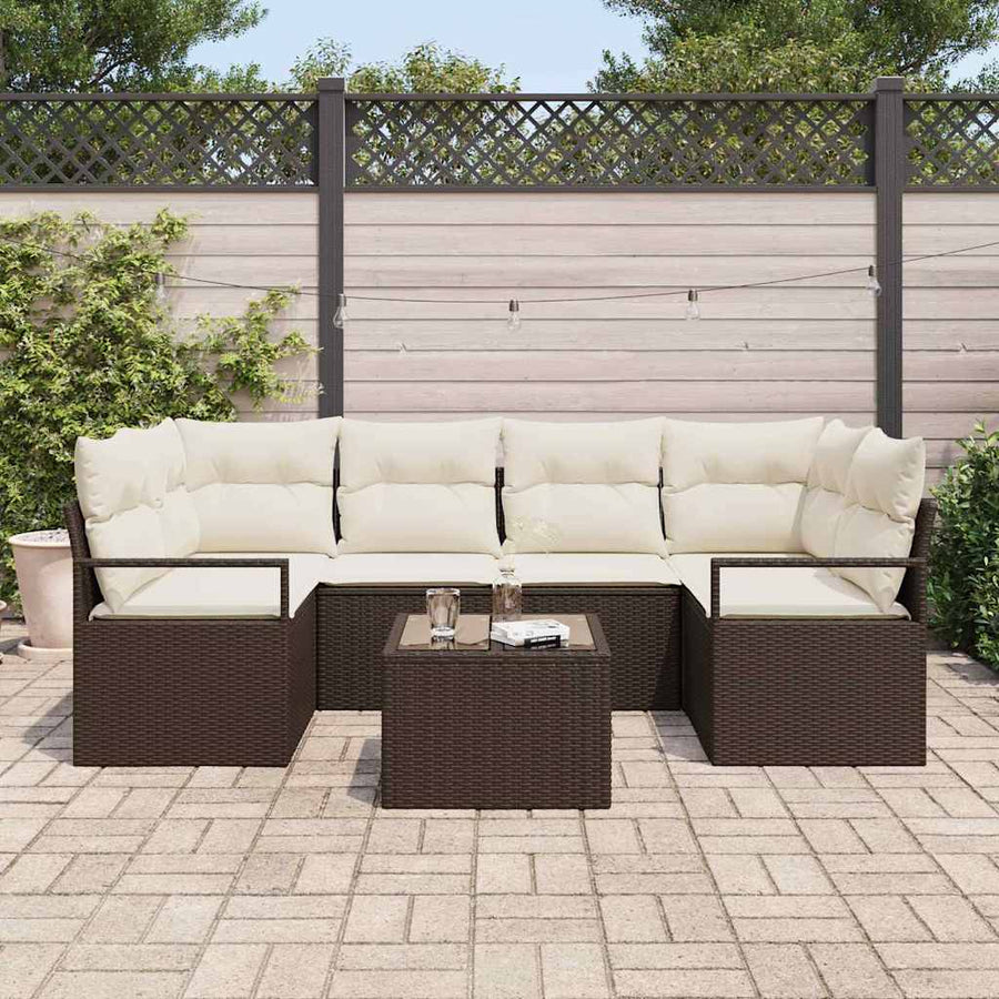 Tuin Sofa Set 7 pcs Bruin en Crème Poly rattan, staal en glas
