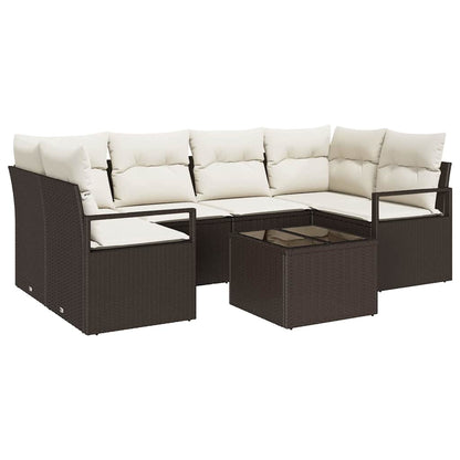 Tuin Sofa Set 7 pcs Bruin en Crème Poly rattan, staal en glas