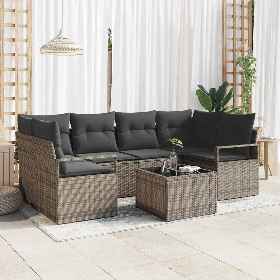 Tuin Sofa Set met kussen 7 pcs Grijs Poly rattan, staal en glas