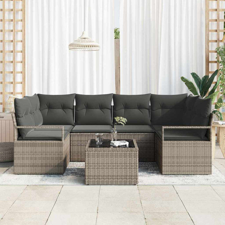 Tuin Sofa Set met kussen 7 pcs Grijs Poly rattan, staal en glas