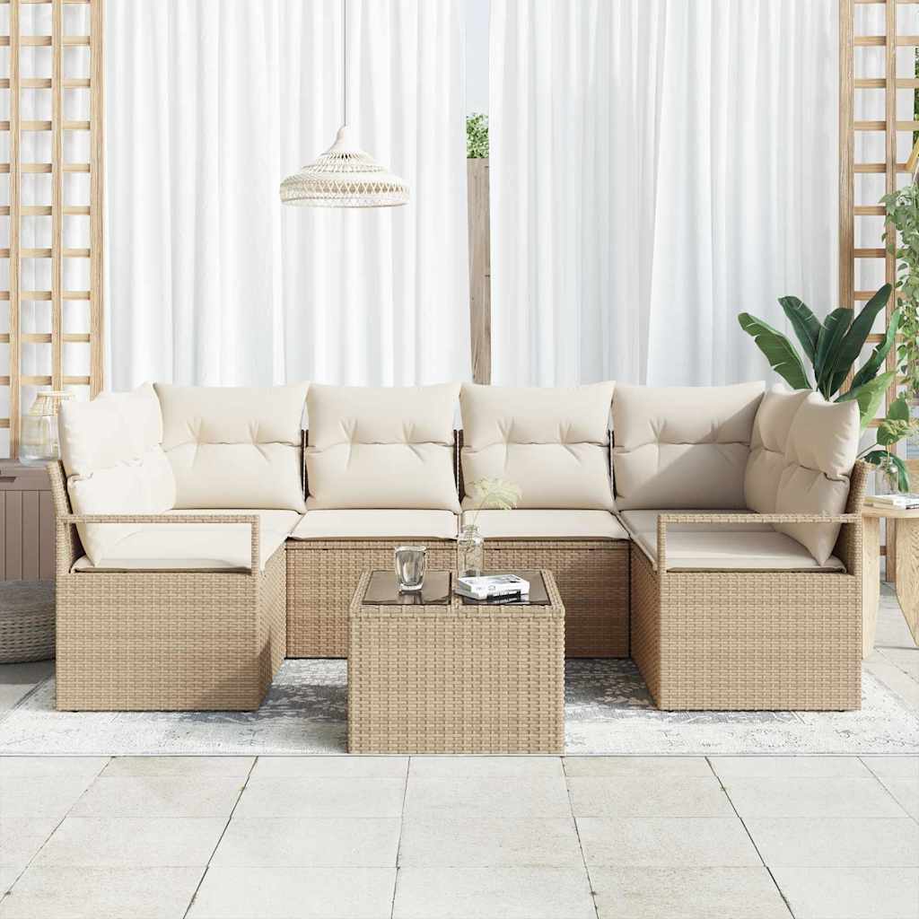 Tuin Sofa Set 7 pcs Beige en Crème Poly rattan, staal en glas