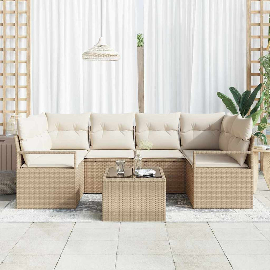Tuin Sofa Set 7 pcs Beige en Crème Poly rattan, staal en glas