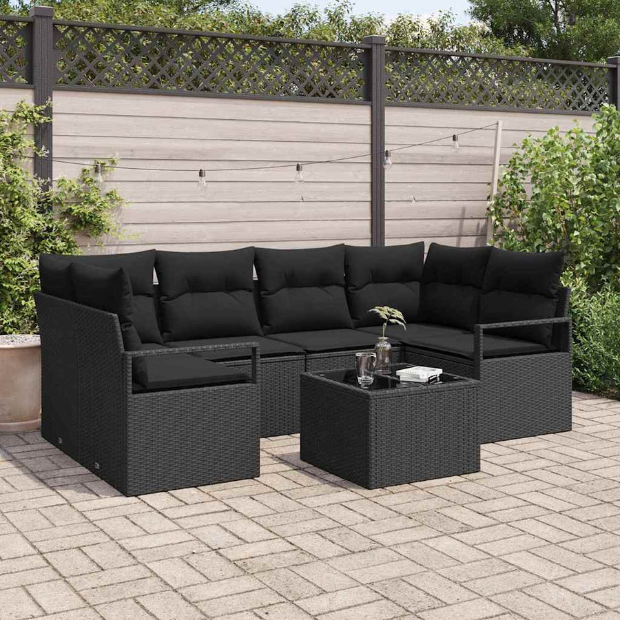 Tuin Sofa Set met kussen 7 pcs Zwart Poly rattan, staal en glas
