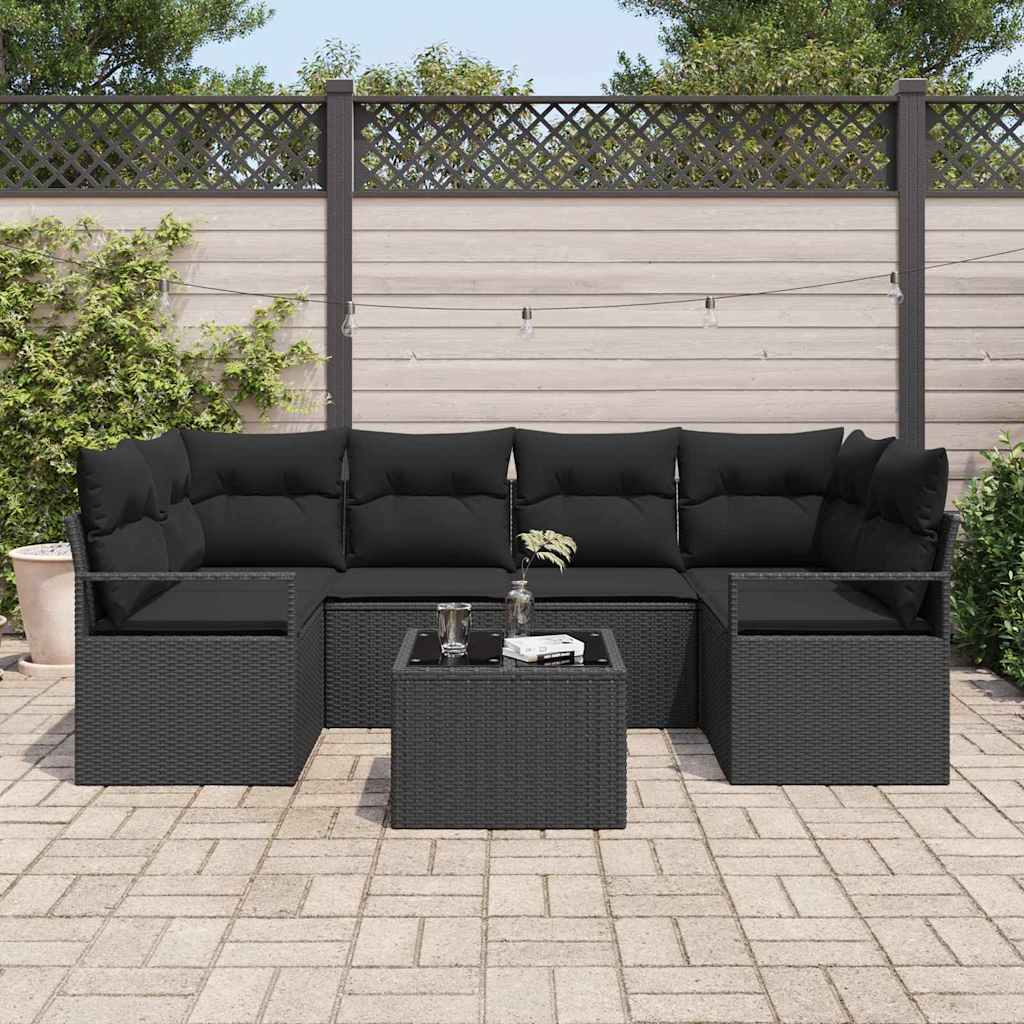 Tuin Sofa Set met kussen 7 pcs Zwart Poly rattan, staal en glas