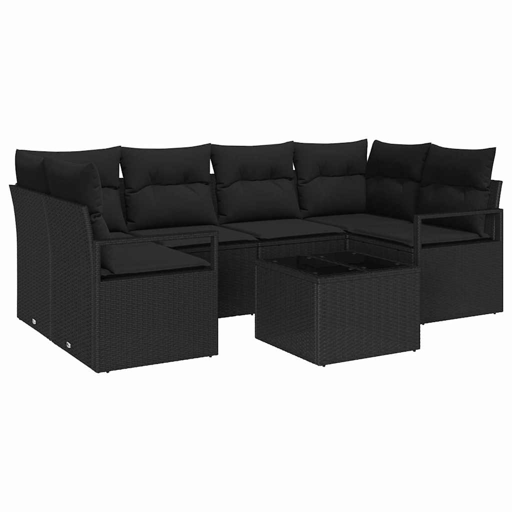 Tuin Sofa Set met kussen 7 pcs Zwart Poly rattan, staal en glas