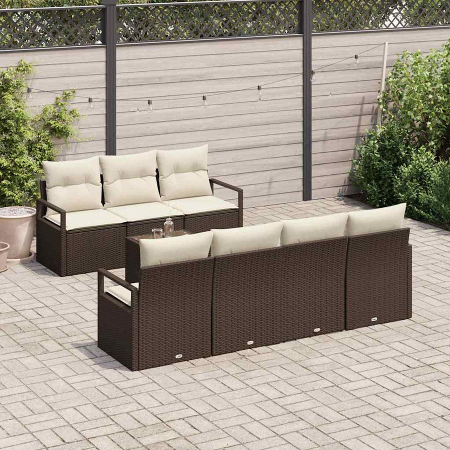 Tuin Sofa Set 8 pcs Bruin en Crème Poly rattan, staal en glas