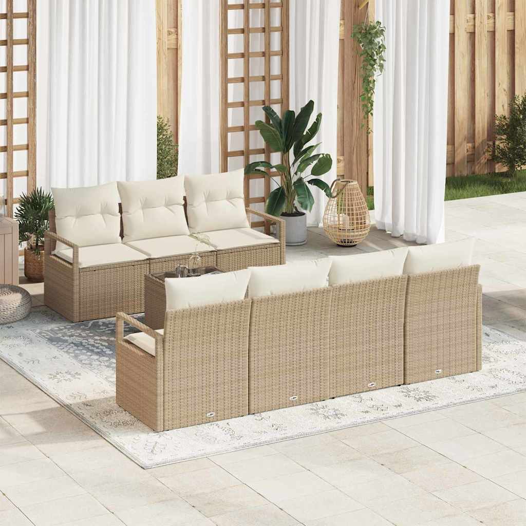 Tuin Sofa Set 8 pcs Beige en Crème Poly rattan, staal en glas