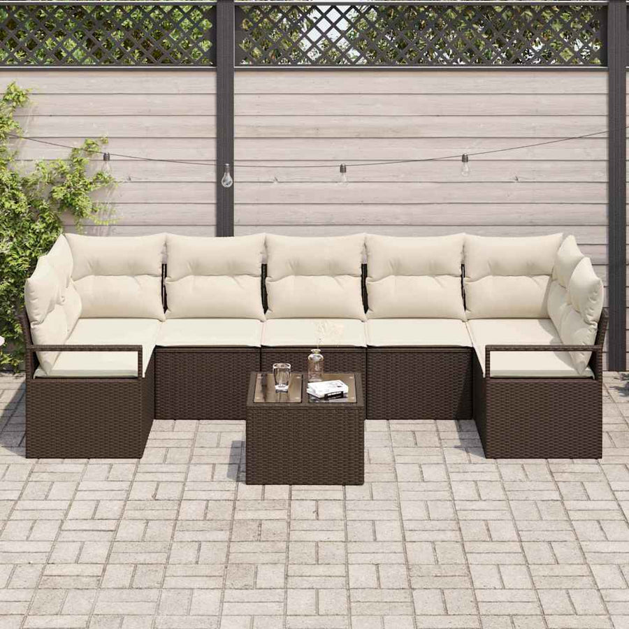 Tuin Sofa Set 8 pcs Bruin en Crème Poly rattan, staal en glas