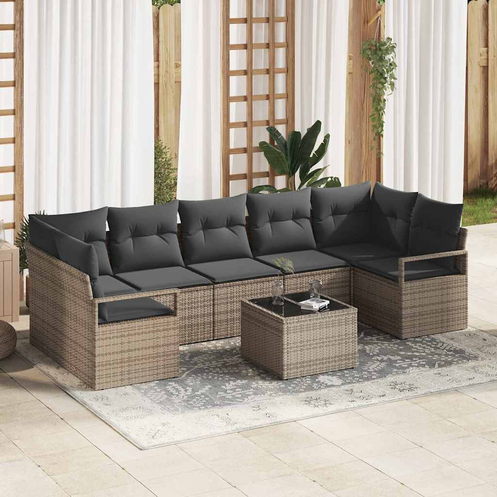 Tuin Sofa Set met kussen 8 pcs Grijs Poly rattan, staal en glas