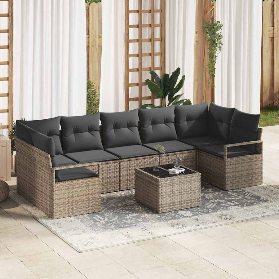 Tuin Sofa Set met kussen 8 pcs Grijs Poly rattan, staal en glas