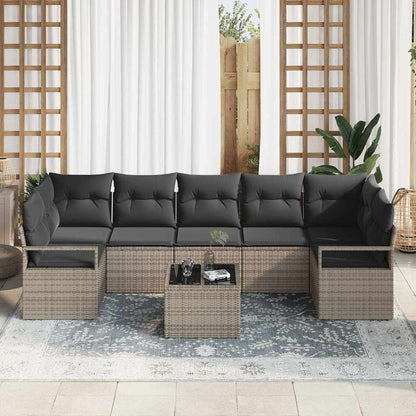 Tuin Sofa Set met kussen 8 pcs Grijs Poly rattan, staal en glas