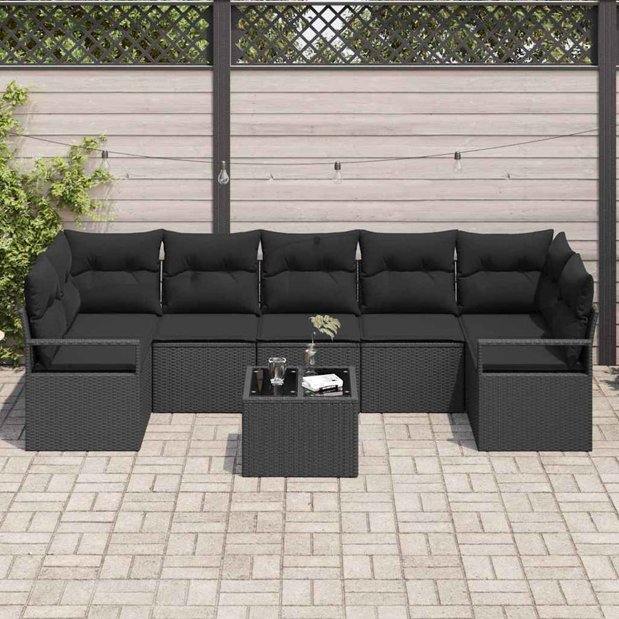 Tuin Sofa Set met kussen 8 pcs Zwart Poly rattan, staal en glas