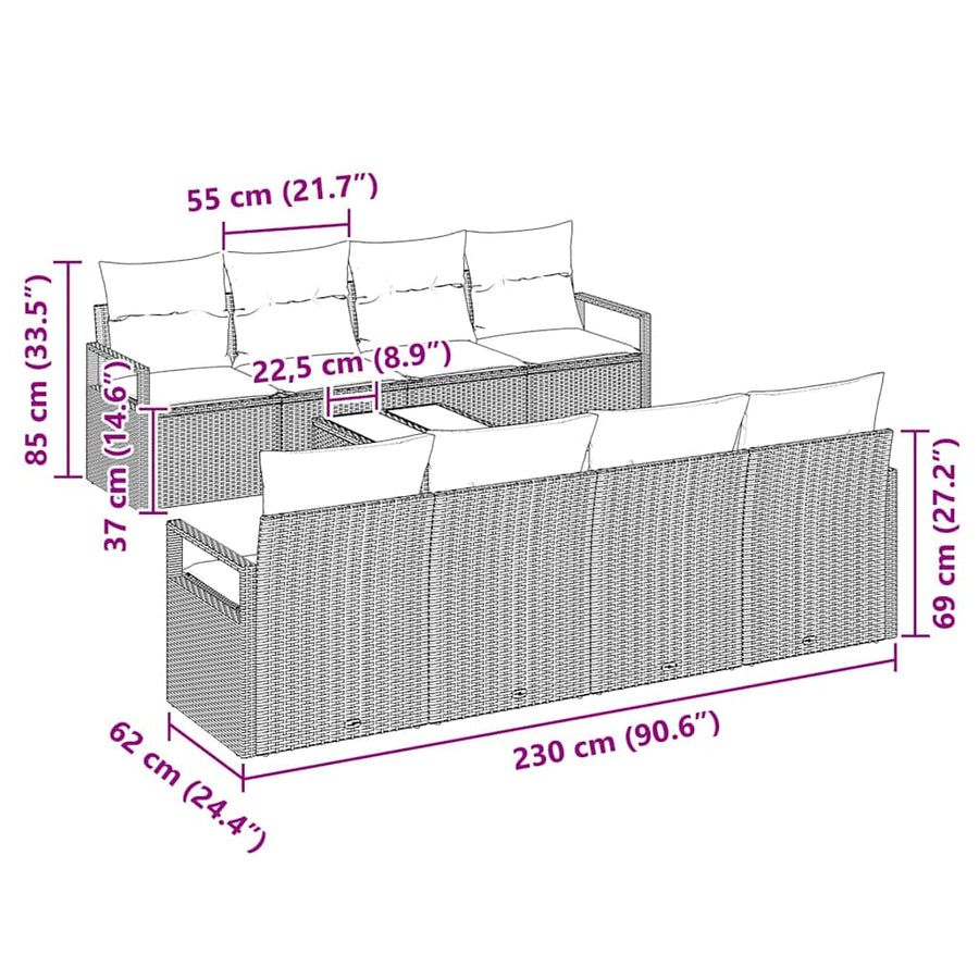 Tuin Sofa Set met kussen met opslag 9 pcs Grijs poly rattan