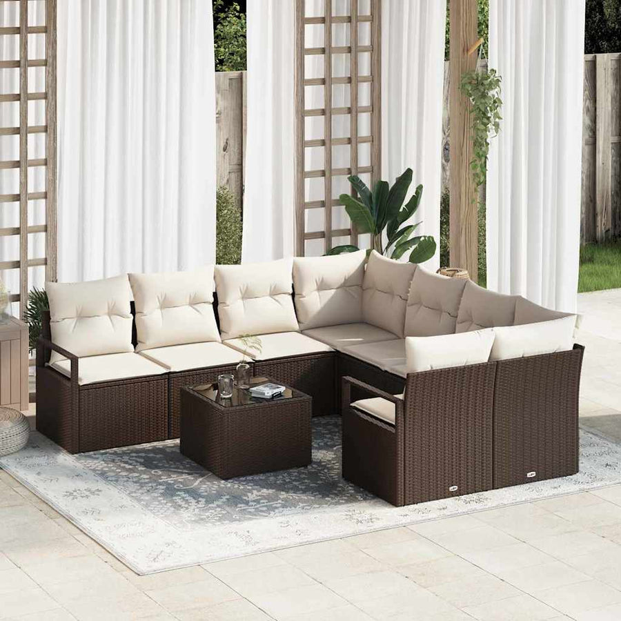 Bankstel met kussen met opslag 9 pcs Bruin en Crème poly rattan