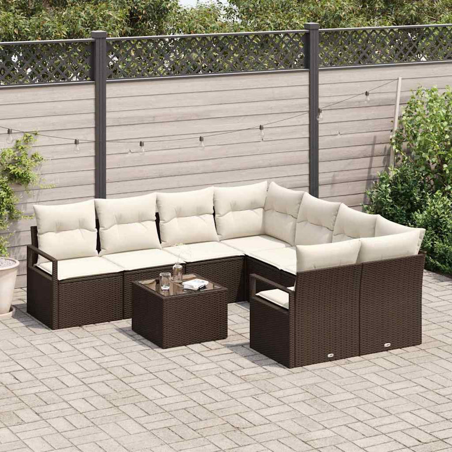 Bankstel met kussen met opslag 9 pcs Bruin en Crème poly rattan