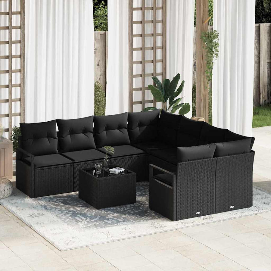 Bankstel met kussen met opslag 9 pcs Zwart poly rattan