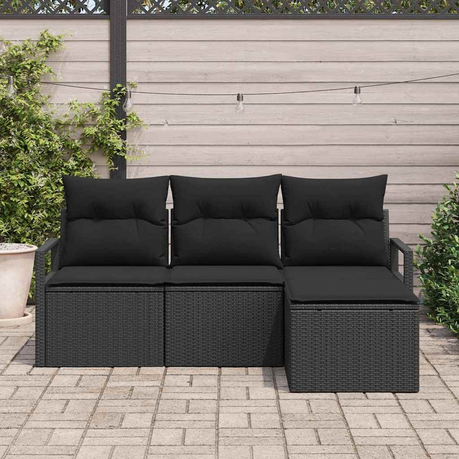 Bankstel met kussen met opslag 4 pcs Zwart poly rattan
