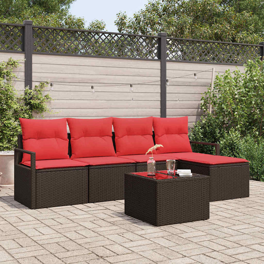 Bankstel met kussen met opslag 6 pcs Bruin en Rood poly rattan