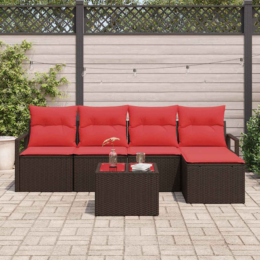 Bankstel met kussen met opslag 6 pcs Bruin en Rood poly rattan
